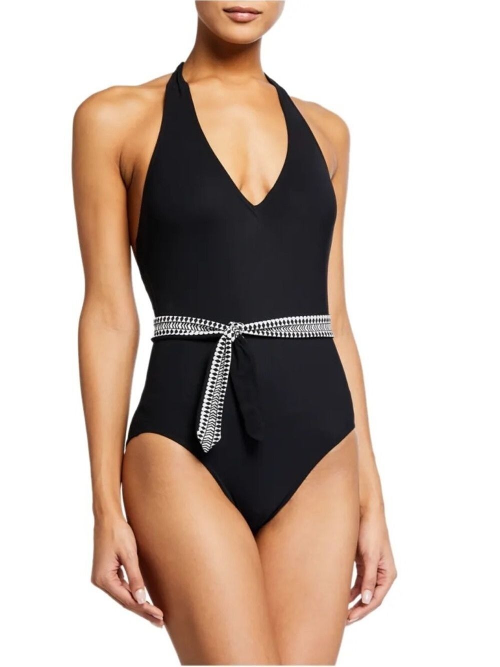 Lemlem Sofia Deep-V Halter One-Piece Swimsuit in Black